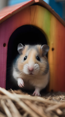 Hamster in a wooden house. Hamster close-up.の素材