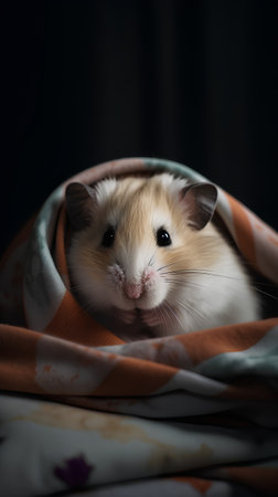 Hamster wrapped in a scarf on a dark background. Close-up.の素材