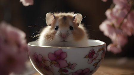 Hamster sitting in a porcelain cup with pink flowers.の素材