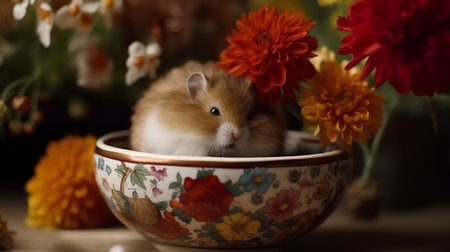 Hamster in a bowl of flowers on a rustic background.の素材