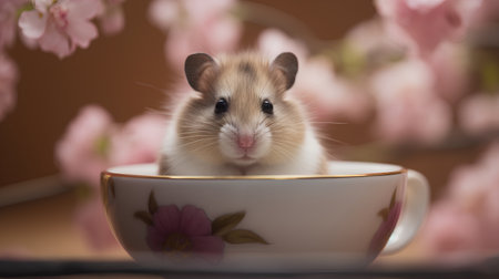 Hamster in a cup of tea with flowers on a brown backgroundの素材