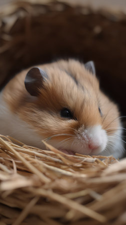 Hamster in a wicker basket. Close-up portrait.の素材