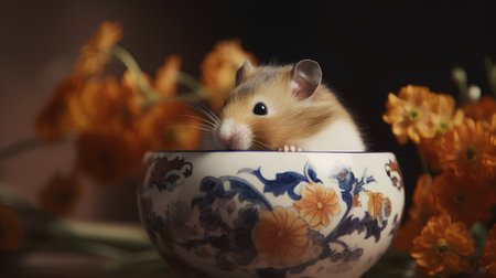 Hamster in a blue bowl with flowers on a dark background.の素材