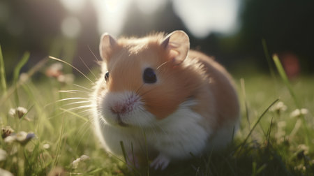 Cute hamster in the grass at sunset, close up.の素材