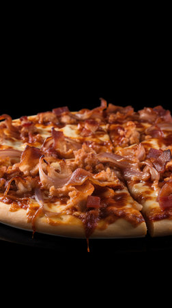 Pizza with bacon and cheese on a black background. Close-up.の素材