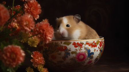 Hamster in a porcelain bowl on a dark background with flowersの素材
