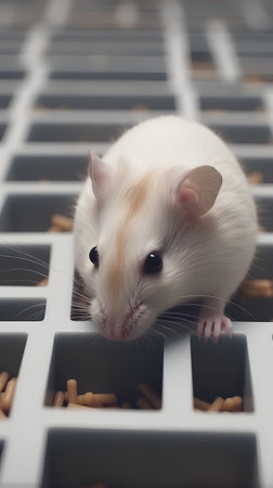 White mouse in a box, close-up, gray background.の素材