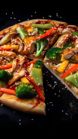 Pizza with chicken, bell pepper and broccoli on a black backgroundの素材