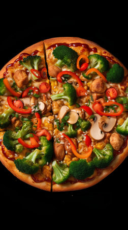 Pizza with chicken, mushrooms and vegetables on a black background.の素材