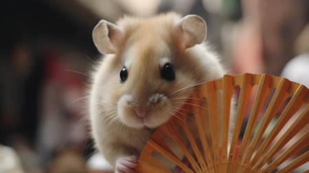Hamster in front of a fan, close-up shot.の素材