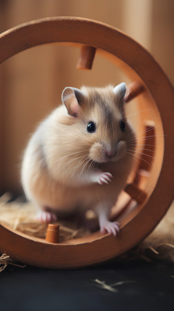 Cute little hamster sitting in a round wooden wheel on a wooden background.の素材