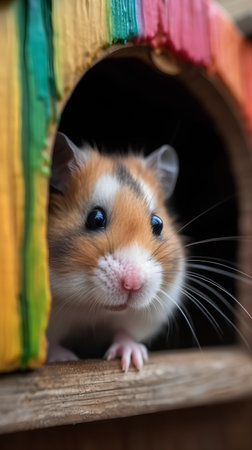 Hamster in a wooden house. Hamster close-up.の素材