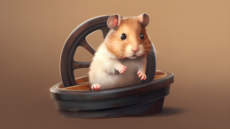 Hamster sitting in the wheel. Illustration on brown background.の素材