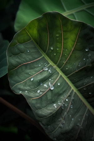 Close up of green leaf with water droplets after rain. Nature backgroundの素材