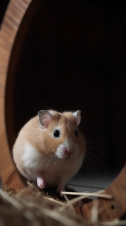 Hamster in a wooden box on a dark background. Close-up.の素材