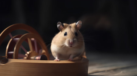 Hamster in a wooden bowl with a wheel on a dark backgroundの素材