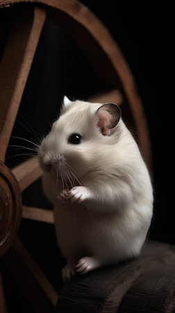 White hamster with a wooden wheel on a dark background close-upの素材