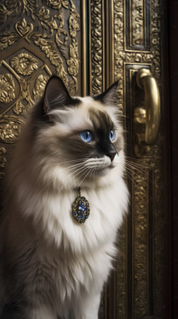 Siamese cat with blue eyes in front of a golden doorの素材