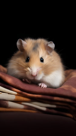 Cute hamster on a blanket isolated on a black background.の素材