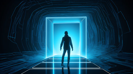 Silhouette of a man in front of an open door. 3D renderingの素材