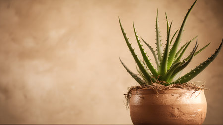 Aloe vera plant in a pot on a brown background.の素材