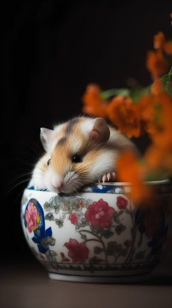 Hamster in a bowl with flowers on a dark background. Petの素材