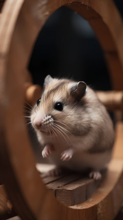 Hamster in a wooden box on a dark background close-upの素材