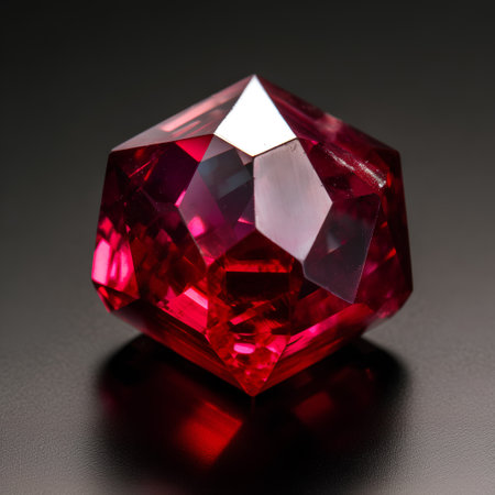 closeup of a ruby gemstone on a black background with reflectionの素材