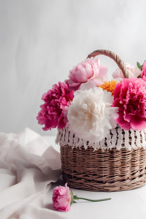 Basket with peony flowers on white fabric background. Copy space.の素材