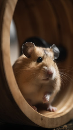 Hamster in a wooden box on a dark background, close-upの素材