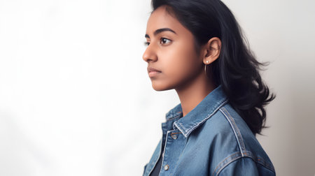 Portrait of a beautiful young asian woman in denim jacket.の素材