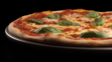 Pizza with salami, mozzarella and basil on black backgroundの素材