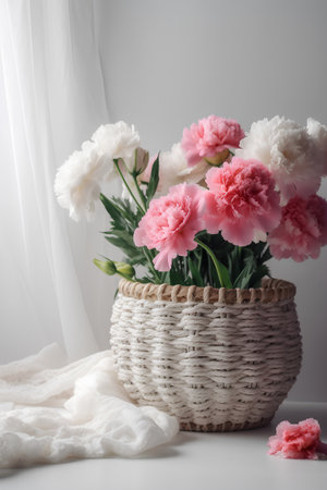 Bouquet of pink and white carnations in a wicker basket on a white background.の素材