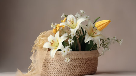 Bouquet of white and yellow lilies in a wicker basketの素材