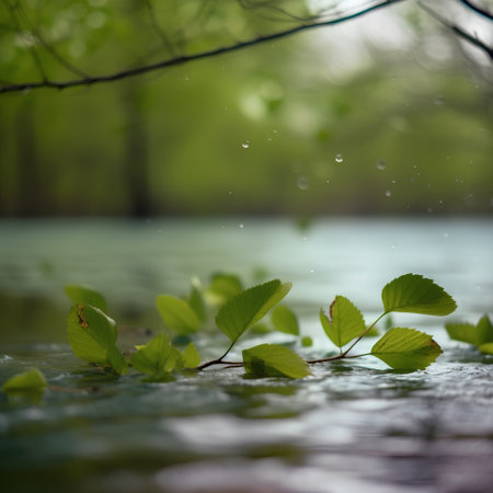 Green leaves of birch tree on the surface of the water.の素材