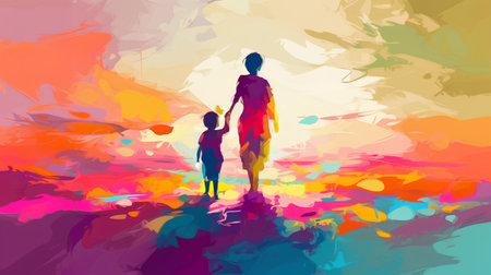 Mother and daughter on abstract colorful watercolor background. Vector illustration.の素材