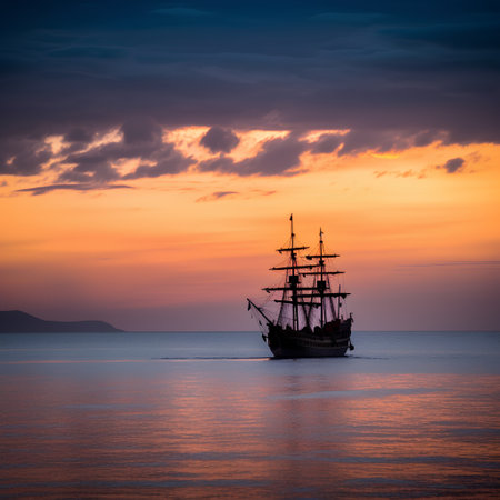 Silhouette of an old sailing ship in the sea at sunsetの素材