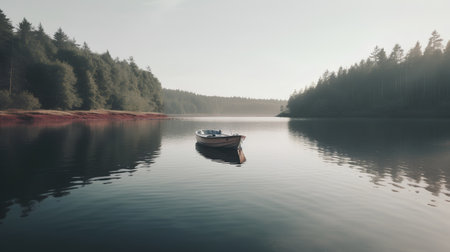 Foggy morning on the lake with wooden boat. Retro styleの素材