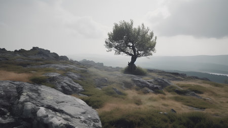 Lonely tree on a rock in the foggy mountains.の素材