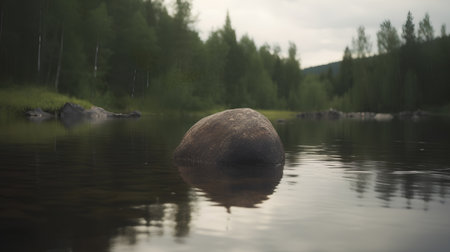 A stone in the water of a mountain lake. Long exposure.の素材