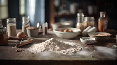 Baking ingredients on a wooden table in a rustic kitchen.の素材