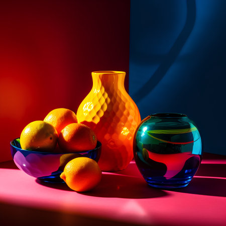 Still life with oranges and vase on red and blue background.の素材