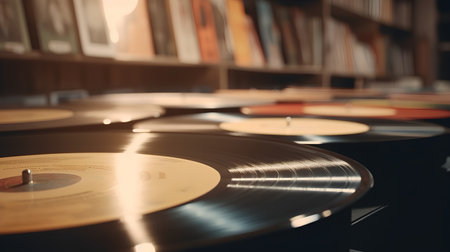 Vinyl records in the library. Selective focus. Shallow depth of field.の素材