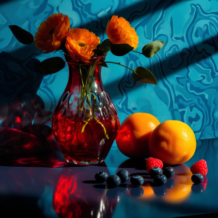 Still life with orange, blueberry, orange and strawberry in vase on blue backgroundの素材