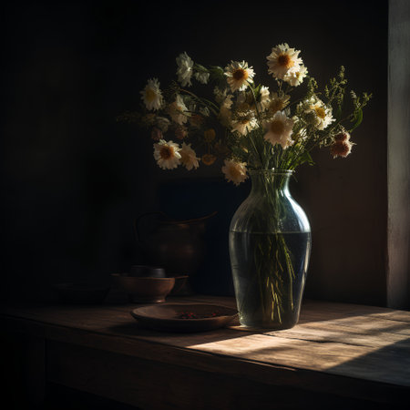 Still life with dried flowers in a vase on a wooden tableの素材