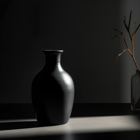 Modern black vase on black background. Minimalistic still life.の素材