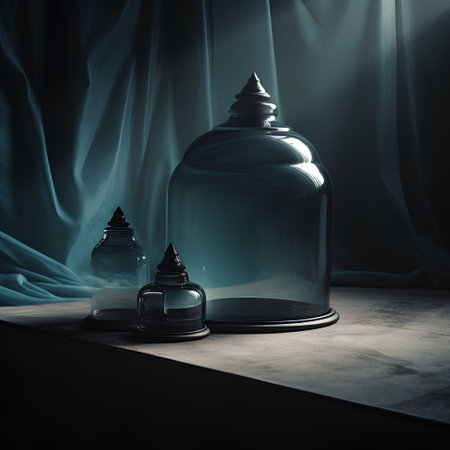 Glass jar with a lid on a wooden table and a blue curtain background.の素材