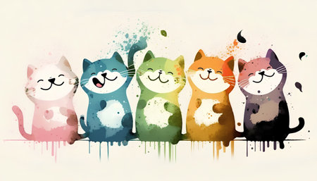 Colorful cats silhouettes with watercolor splashes on white backgroundの素材