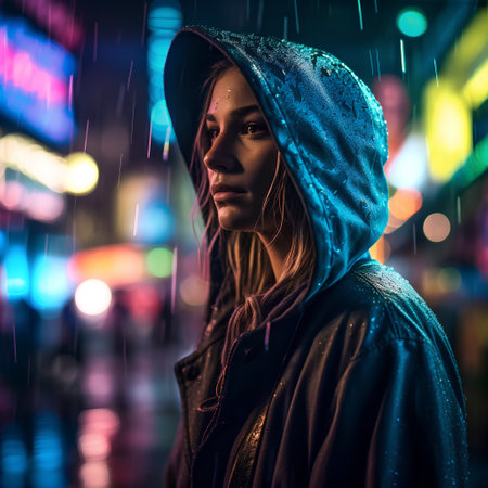 Portrait of a beautiful young woman in raincoat at night.の素材