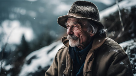 Portrait of an old man with a beard in the winter forestの素材
